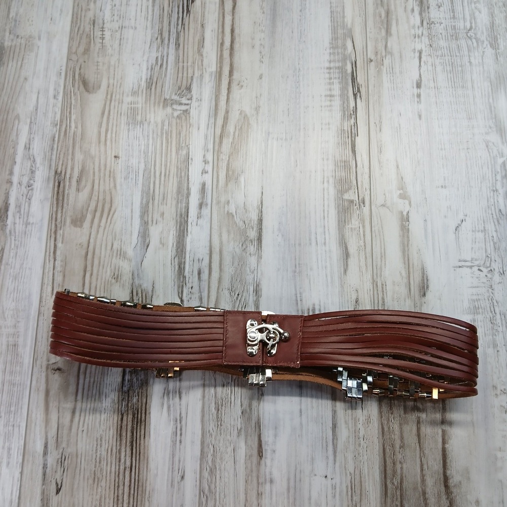 Free People Brown Leather Multi Strand Western Boho Waist Belt Silver Medallion - Picture 3 of 7